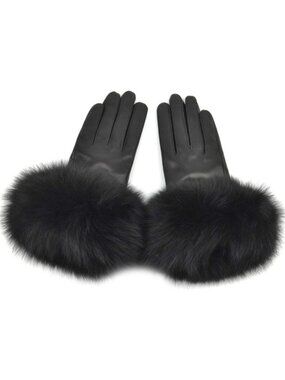 Stylish Women's Genuine Lambskin Leather Winter Gloves with Fox Fur Trim, Lined